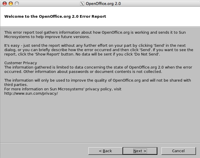OpenOffice bug report solicitation panel