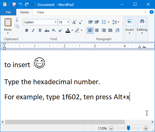 Windows 10 wordpad insert emoji 2021-02-13 QtG5s