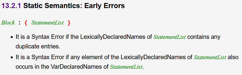 js spec 2015 13.2.1 block static semantics early errors