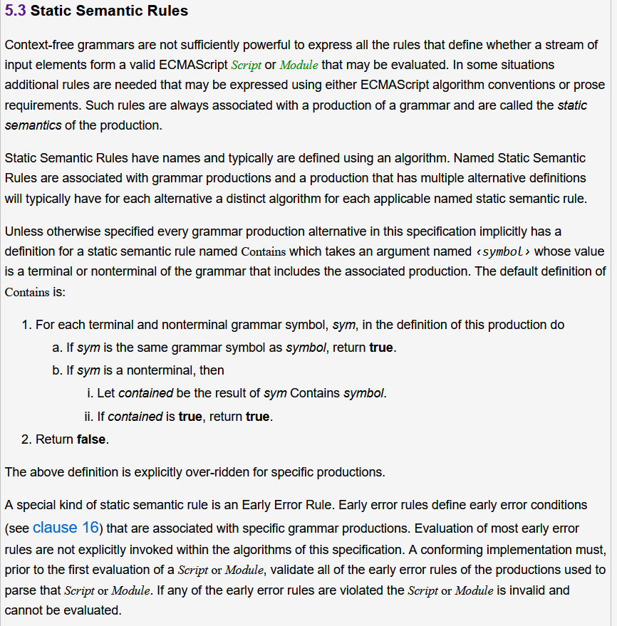 js spec 2015 5.3 static semantic rules