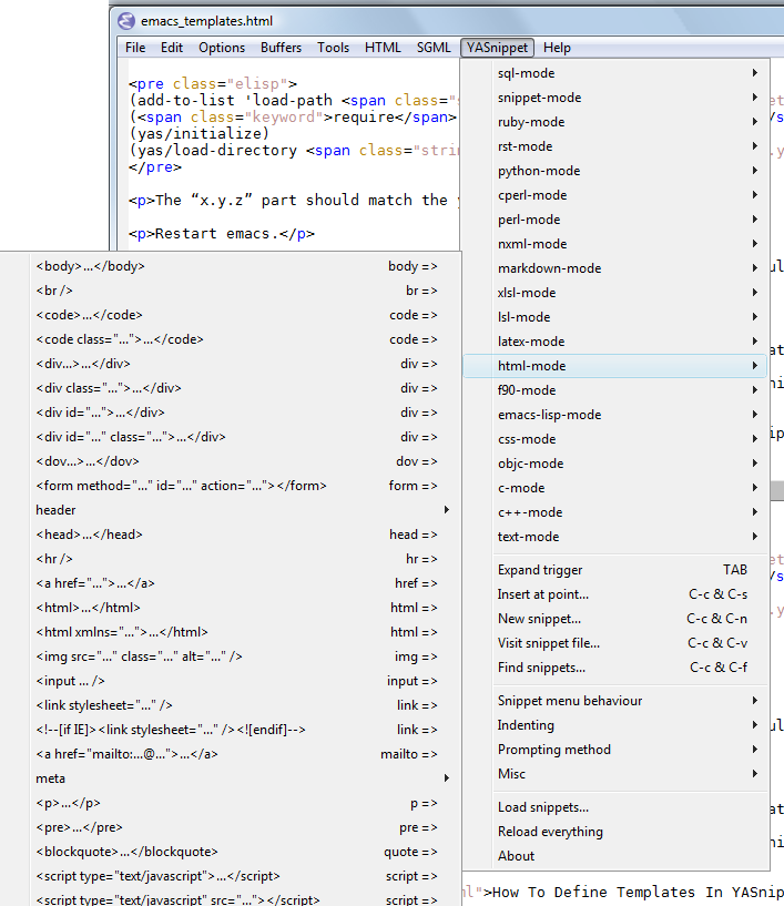 emacs YASnippet menu