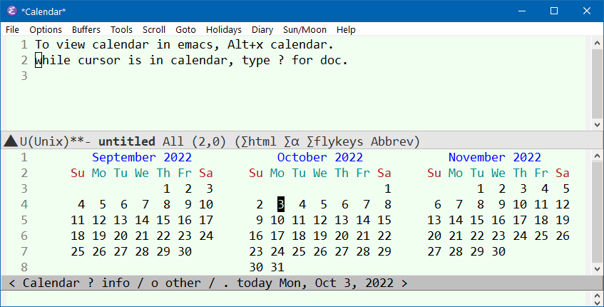 emacs calendar 2022-10-03