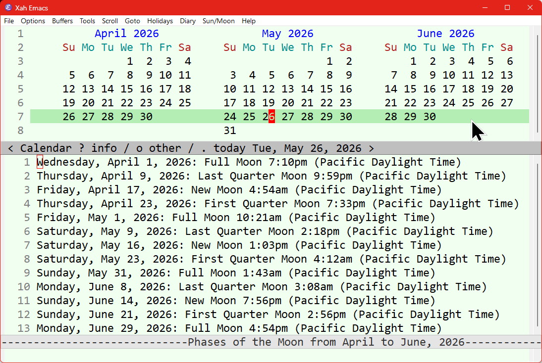 emacs calendar moon phase 2026-05-26 22f03