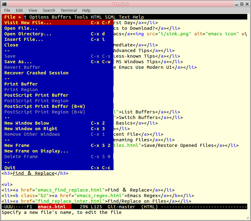 emacs menu in text terminal