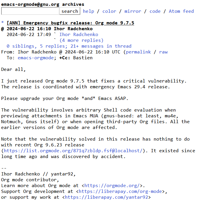 emacs org mode security emergency 2024-08-12