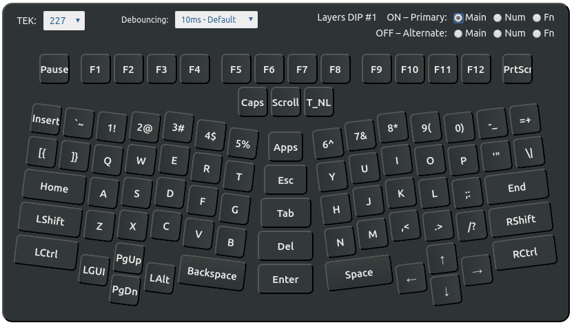 truly ergonomic keyboard xah fly keys layout 55098 main layer