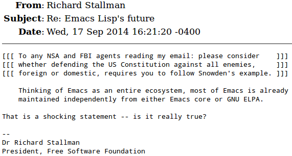 Richard Stallman shocking statement emacs lisp future 2014-09-17