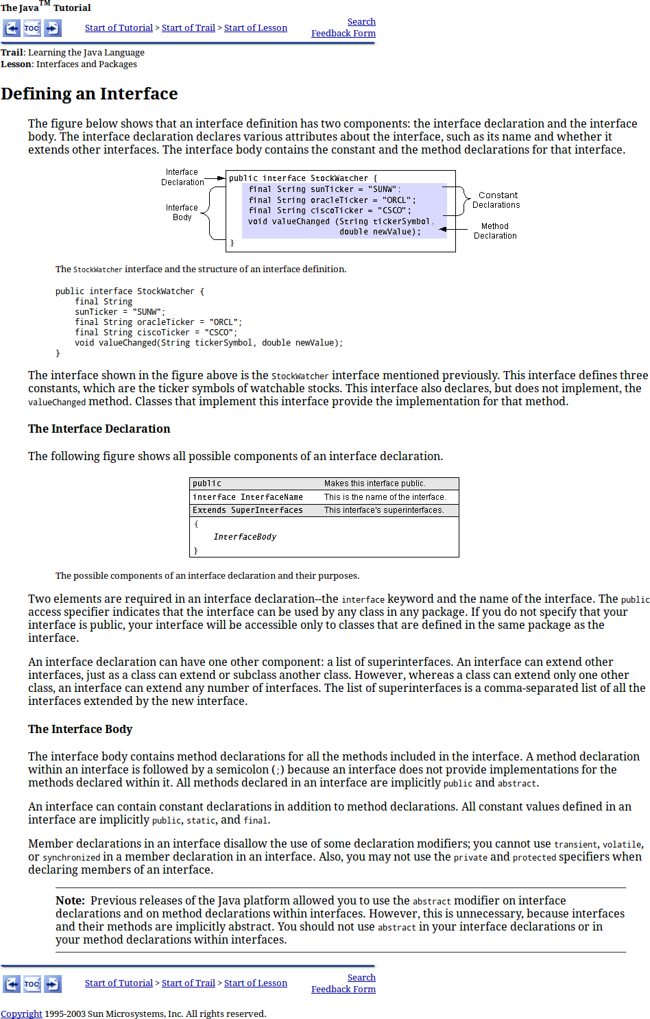 java official tutorial 2005 Defining an Interface