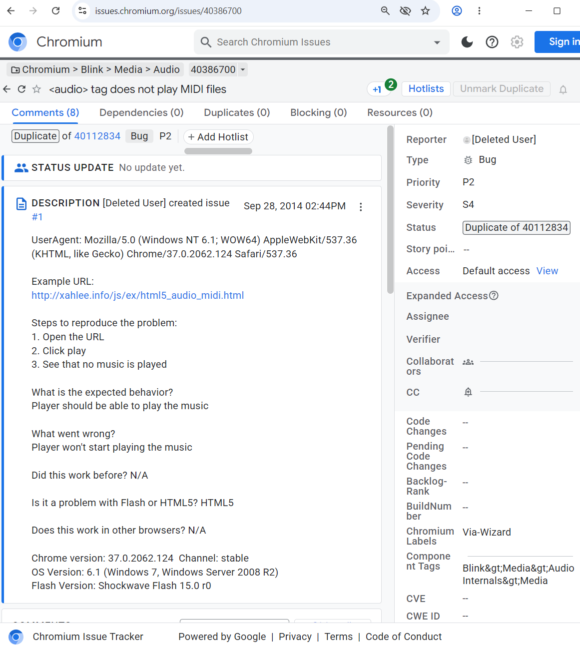 Google Chrome bug HTML 5 audio midi 2026-08-20 ll