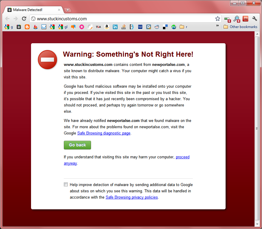Google Chrome stuckincustoms malware warning 2011-08-18