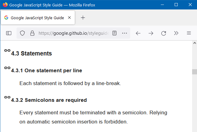 Google JavaScript Style semicolon 2022-07-28