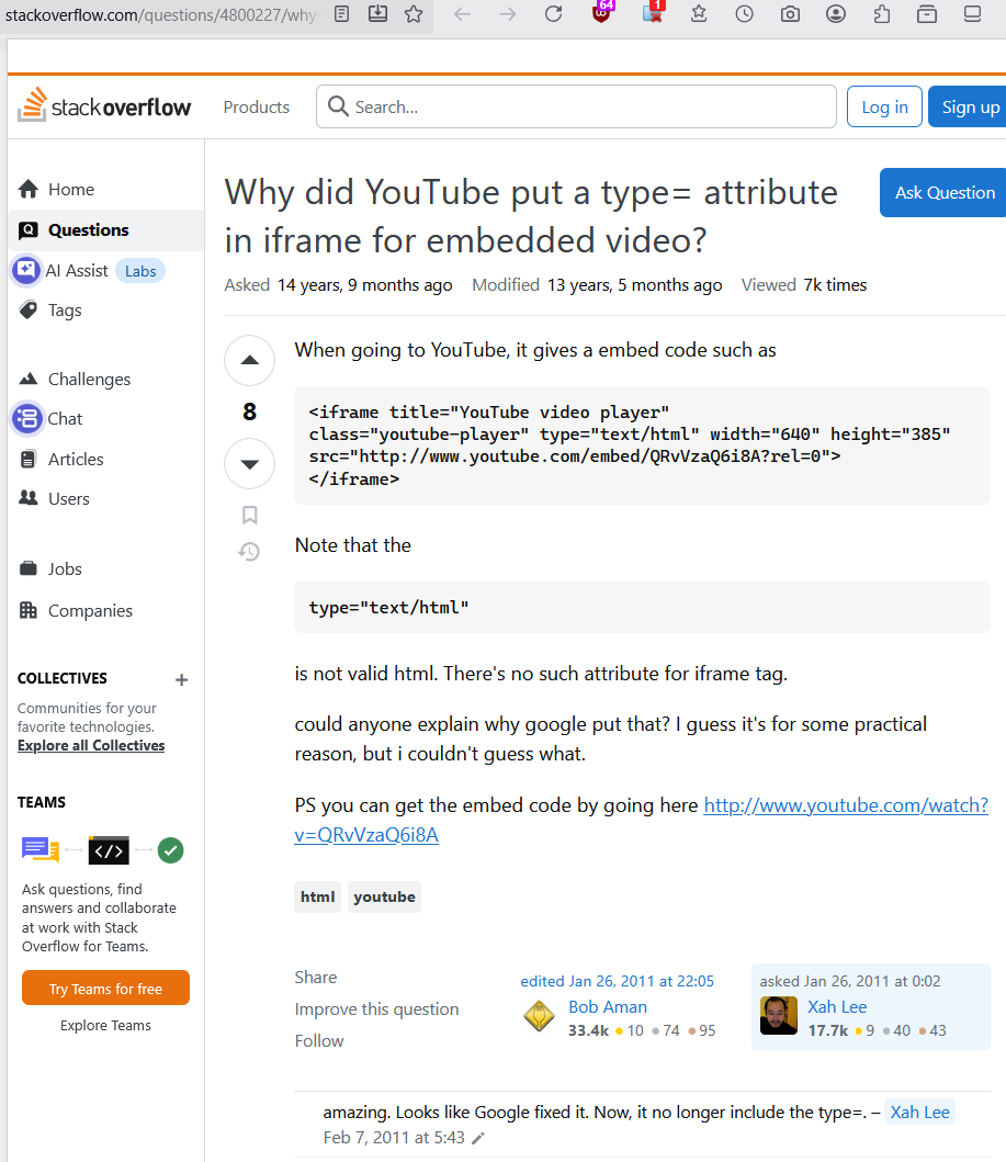 StackOverflow YouTube type text 2011-01-16 2025-10-23 13d44