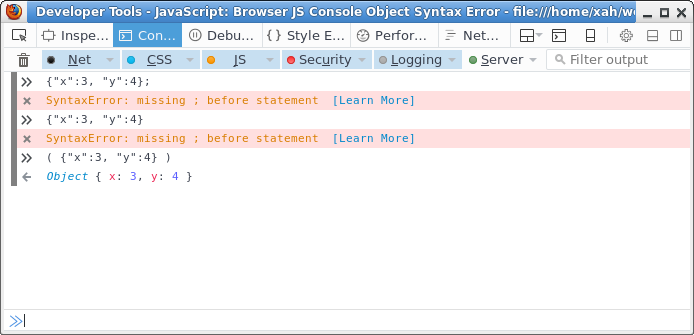 browser console js object syntax error ff 20161027