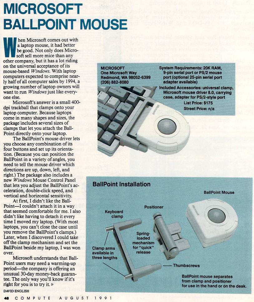 Microsoft BallPoint mouse Compute mag 1991 zvVcN