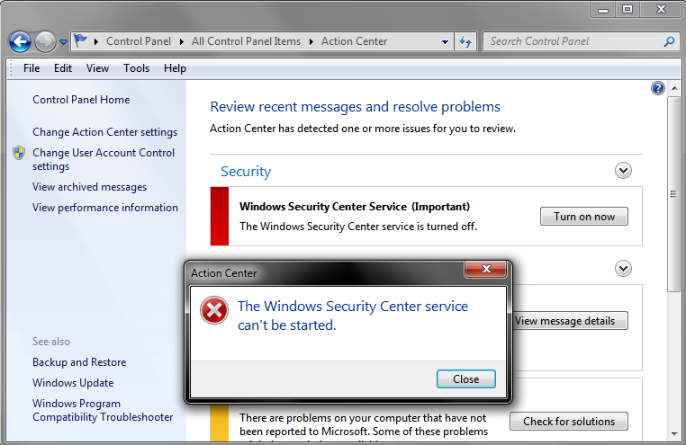 Windows Security Center service cant be started 2012-05-02