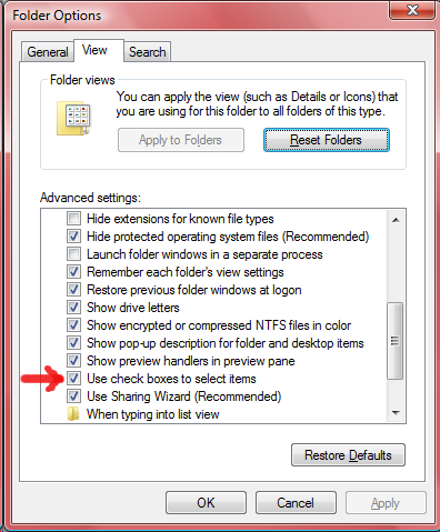 Windows file selection checkbox