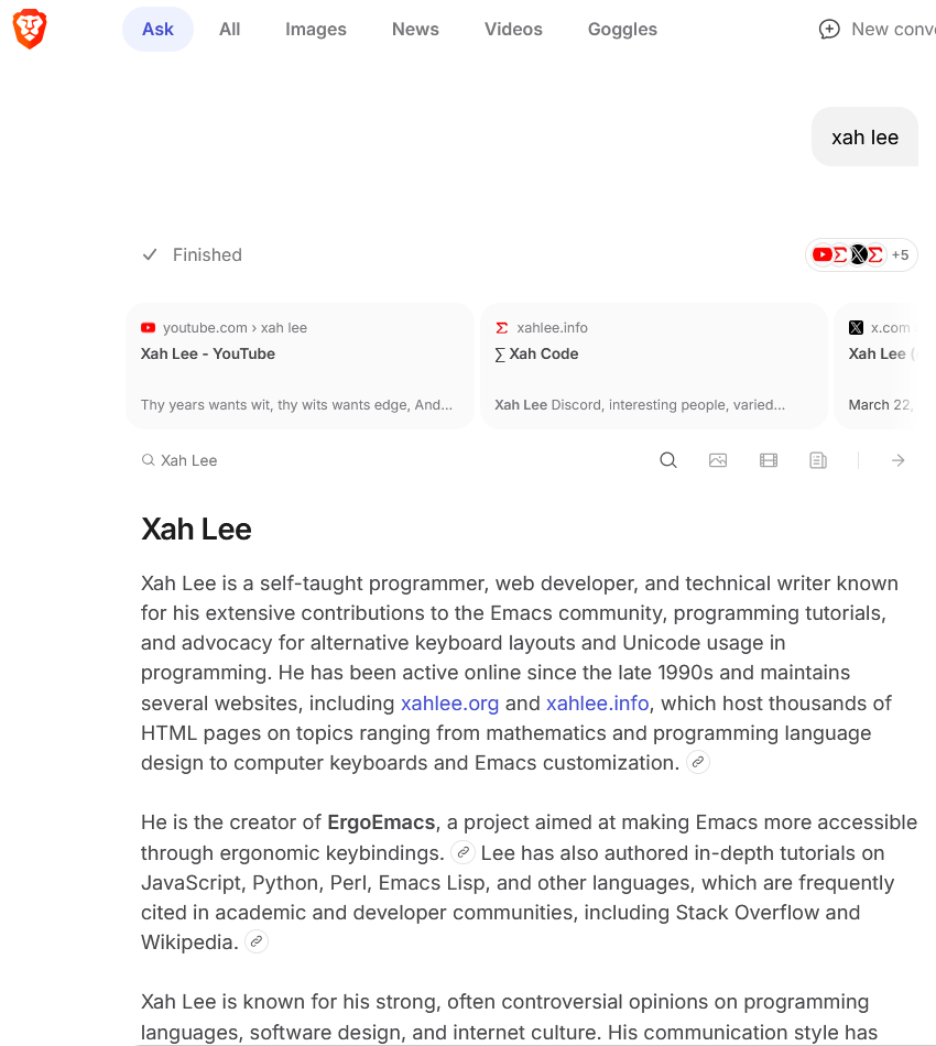 brave ai on xah lee 2026-01-30 30ee4