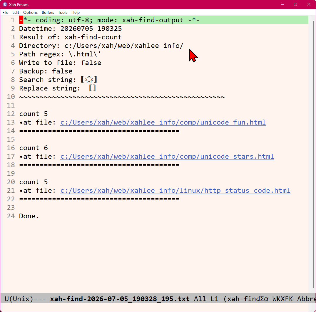 emacs xah-find-count 2026-07-05 2e7fa ll